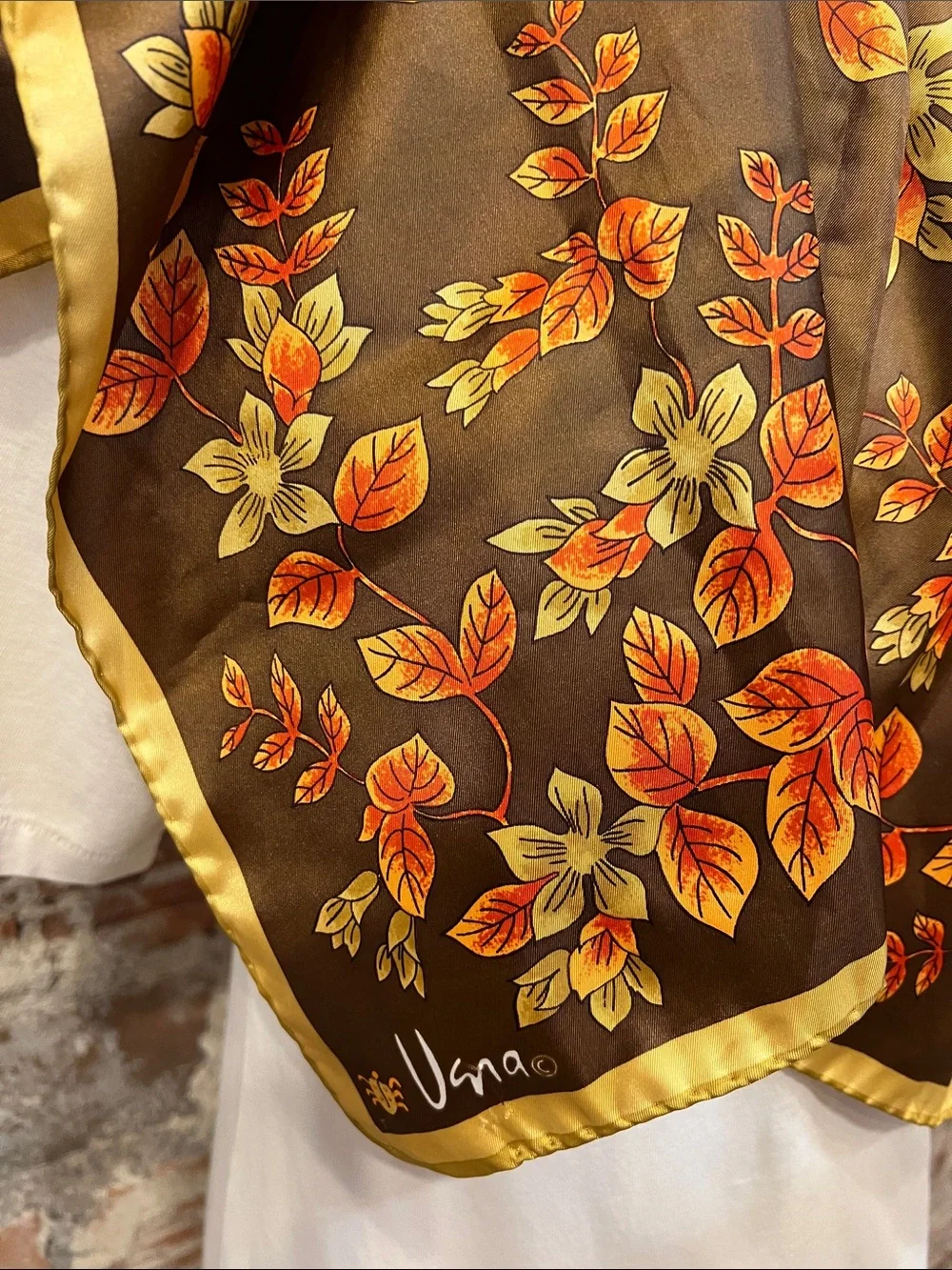Vintage Vera Neumann Square Scarf in Brown with Orange & Gold Leaves 26” Square